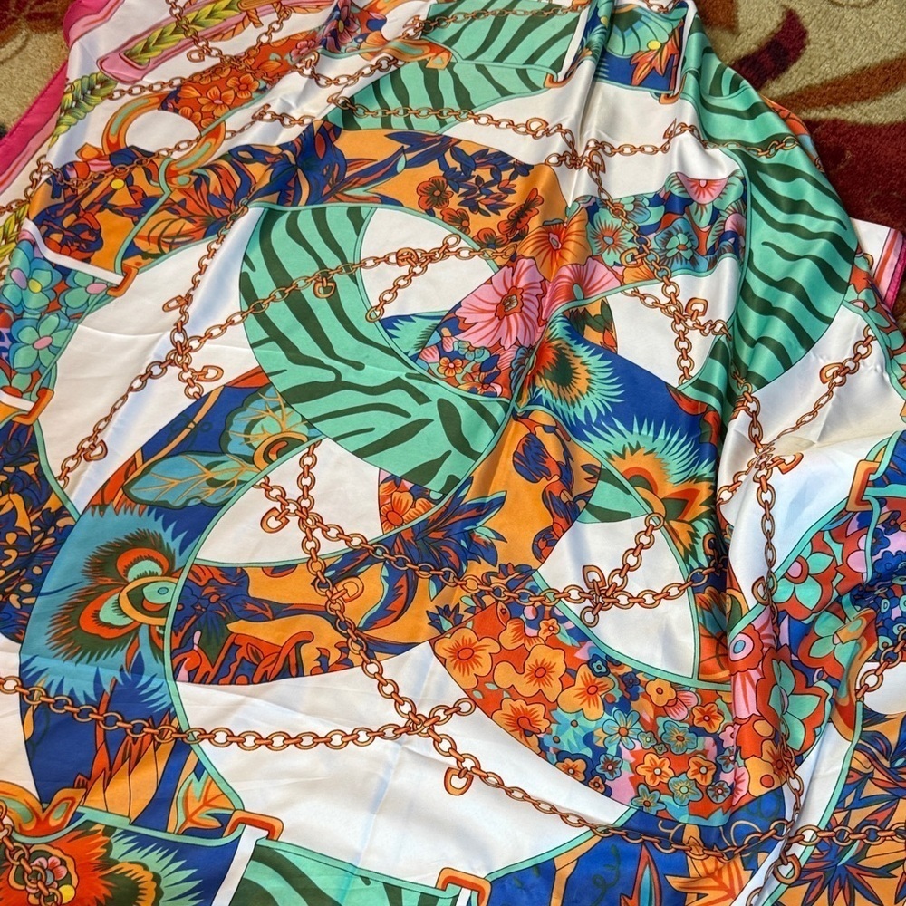 Vibrant Blue and Green Scarves with Botanical and Geometric Designs - Picture 6 of 6